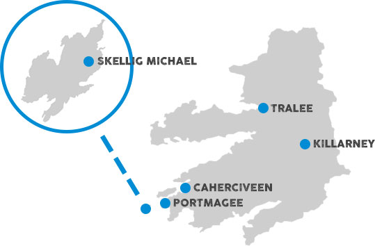 Map showing location of the Skelligsrock in relation to the Kerry coast